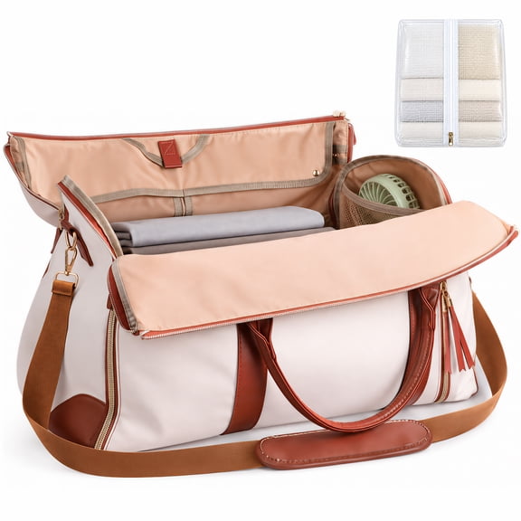 3 in 1 Garment Bag for Travel, Carry On Hanging Suit Bag with Shoe Pouch, Convertible Weekender Duffel Overnight Bag for Women, White