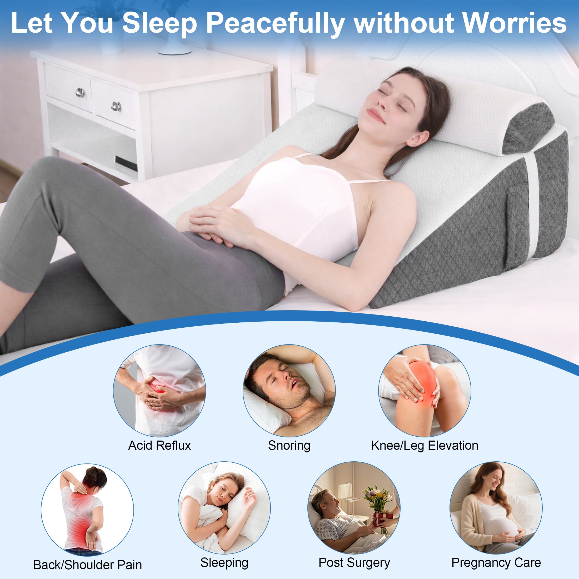 WANALIT 2PCS Orthopedic Bed Wedge Pillows Set for After Surgery,Adjustable Pillow Wedge for Sleep Apnea, Acid Reflux, Snoring, Post Surgery Recovery and Back Pain Relief,White/Grey