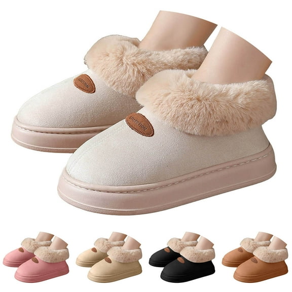 Dakaela Women's Plush Slippers Fuzzy Slip on Suede Platform House Shoes Ladies Comfy Indoor Outdoor Winter Warm Slippers Beige 5.5