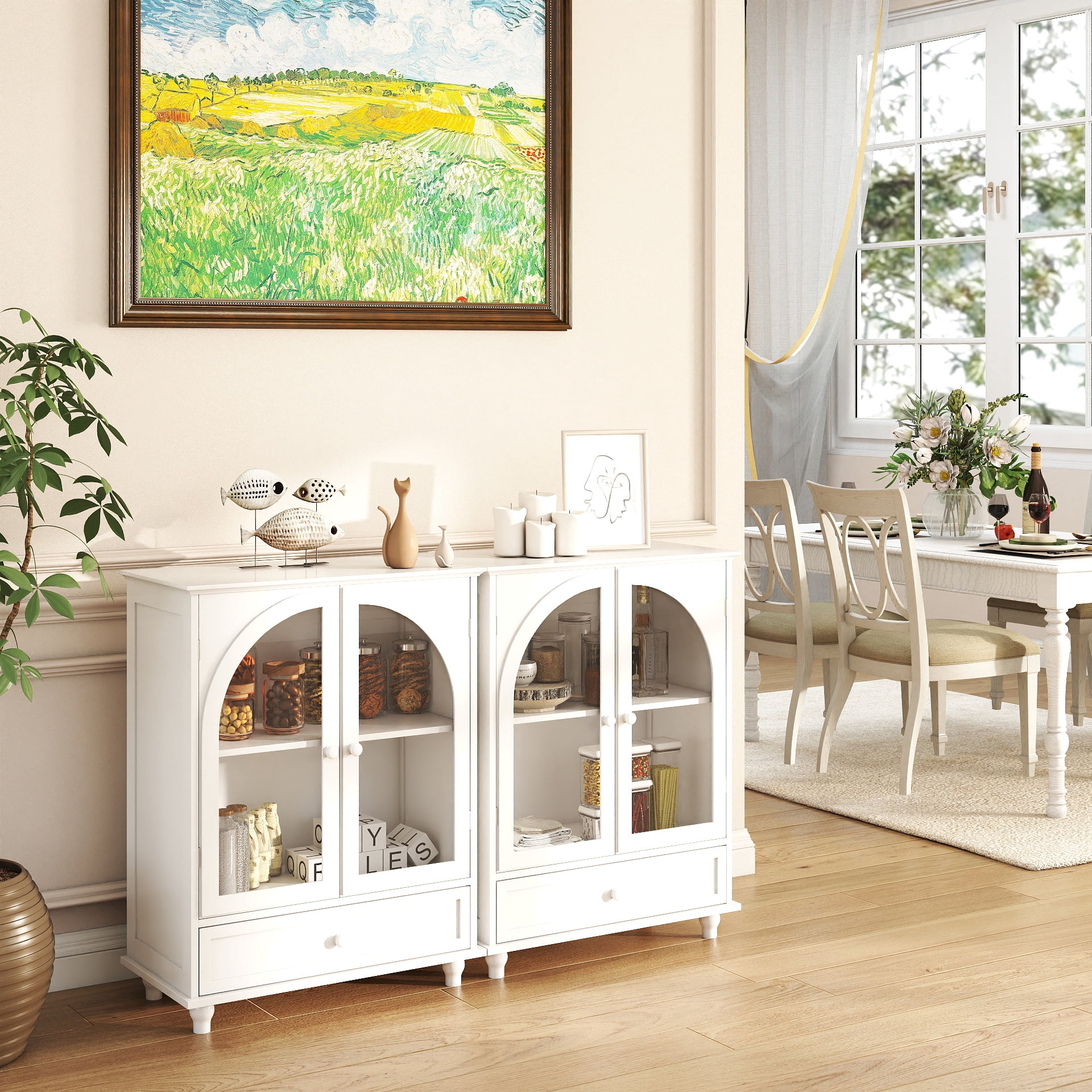 Arched Glass Door Farmhouse Sideboard, White Storage Cabinet with Tiered Top & 1 Drawer, Buffet Pantry Cabinet for Kitchen Living Room Coffee Bar