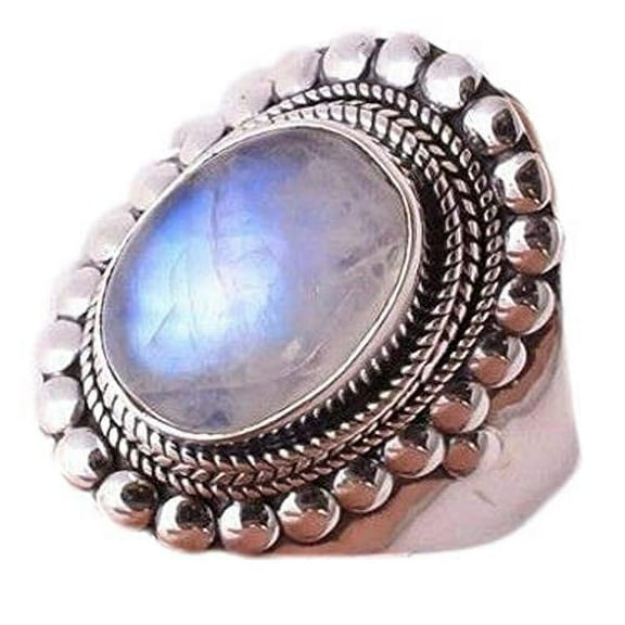 Navya Craft Rainbow Moonstone Oval 925 Sterling Silver Handmade Women Statement Ring Size 6.0