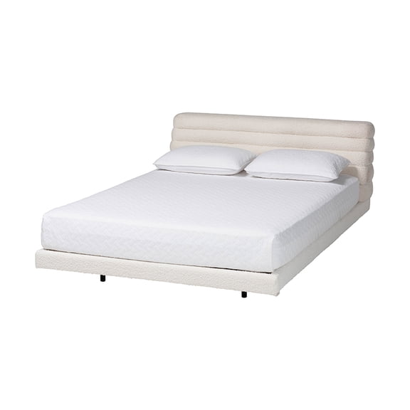 Baxton Studio Alfie Boucle Floating Bed with Channel Tufted Headboard - Low Profile Minimalist Platform Bed Frame, Cream, King
