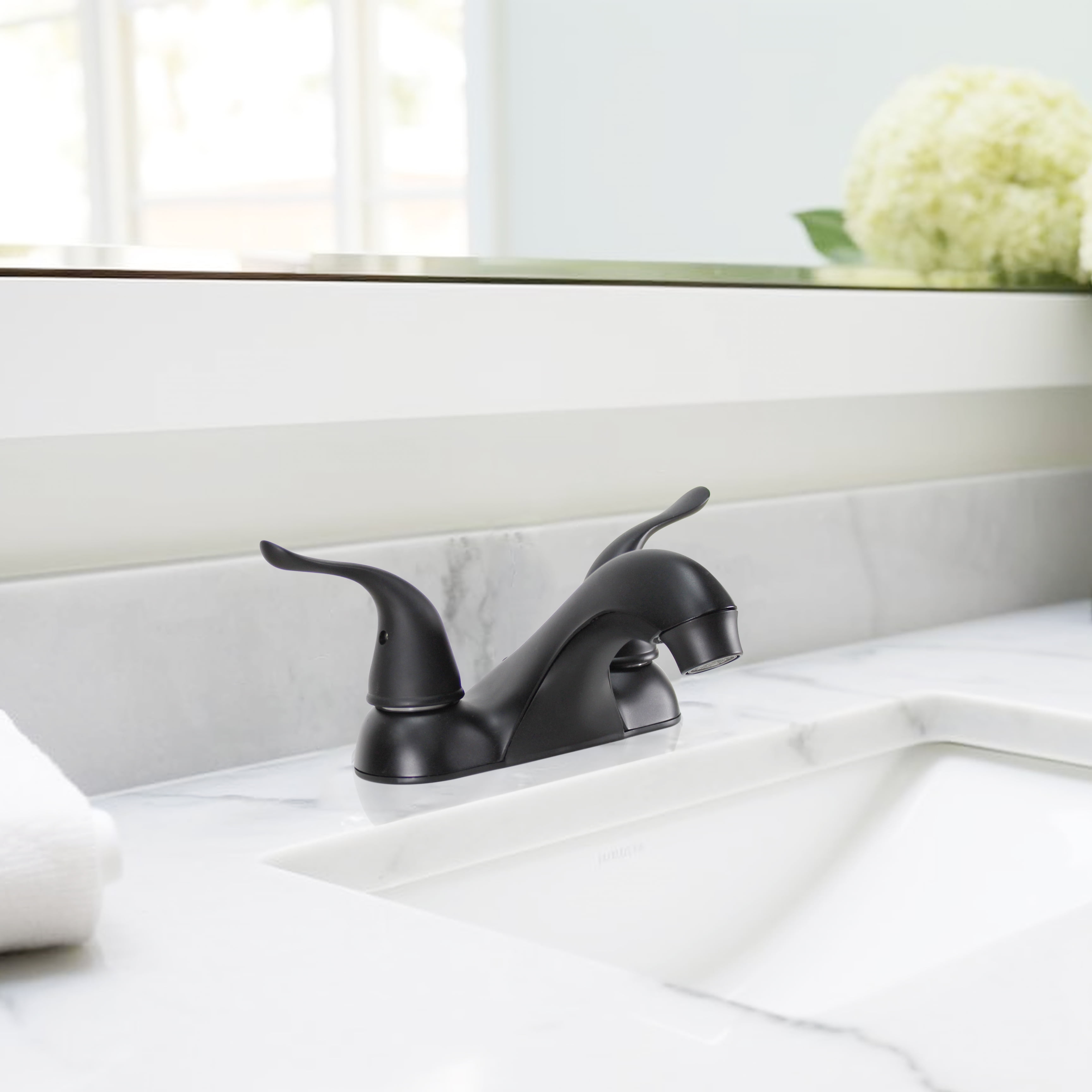 Mainstays 4-inch Centerset Bathroom Faucet with Push Pop-up, Dual Handle, Matte Black