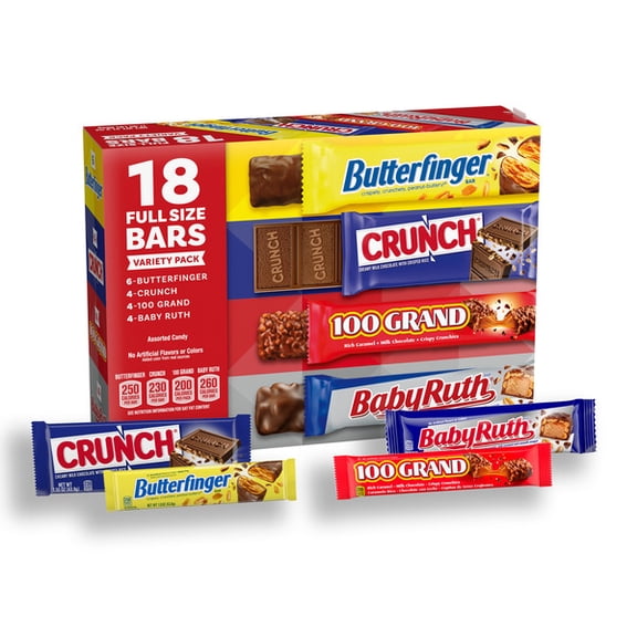 Butterfinger, CRUNCH, 100 Grand & Baby Ruth Full Size Chocolate Candy Bars Variety Pack, 18 Count