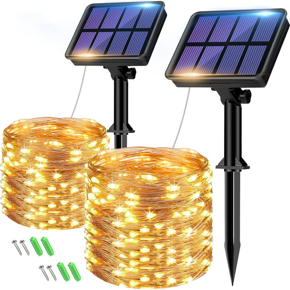 2 Pack Solar String Lights Outdoor Garden Waterproof, Total 14M/46FT 120 LED Solar Powered Fairy Lights, 8 Modes Copper Wire Lights for Patio Yard Party Christmas