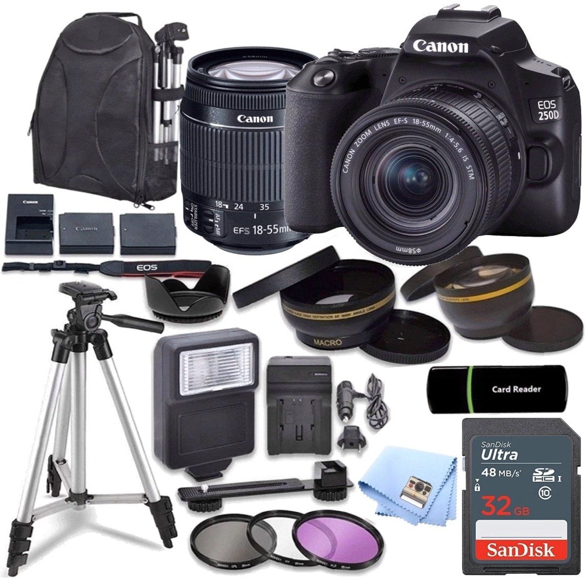 Canon EOS 250D DSLR Digital Camera W/ 1855mm Lens & 32GB + Backpack