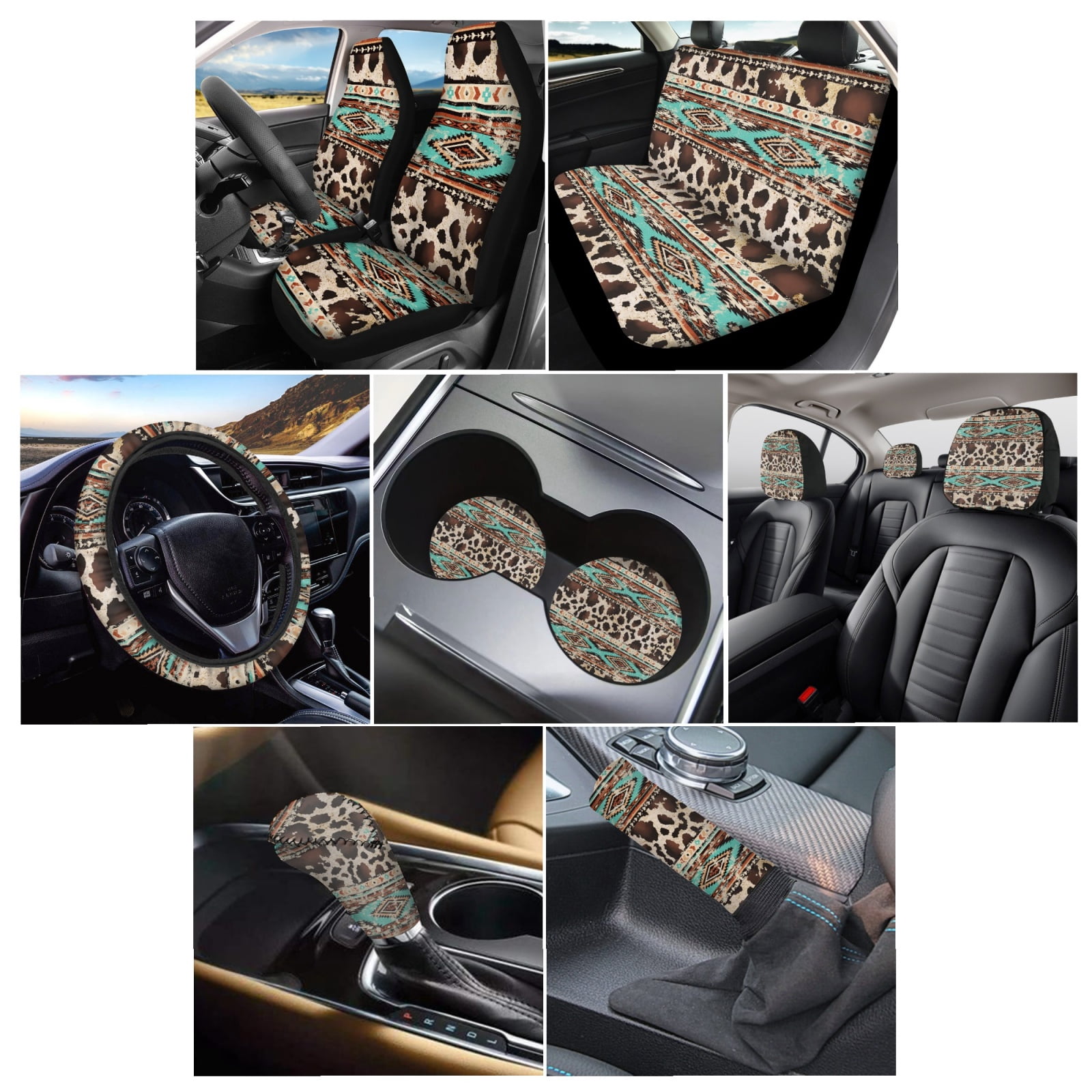 Renewold American Tribal Brown Cow Print Retro Car Seat Cover Full Set with Steering Wheel Cover Gear Shift Knob Cover Handbrake Protector Coasters Headrest Covers Fit for Most Vehicles, Set of 11