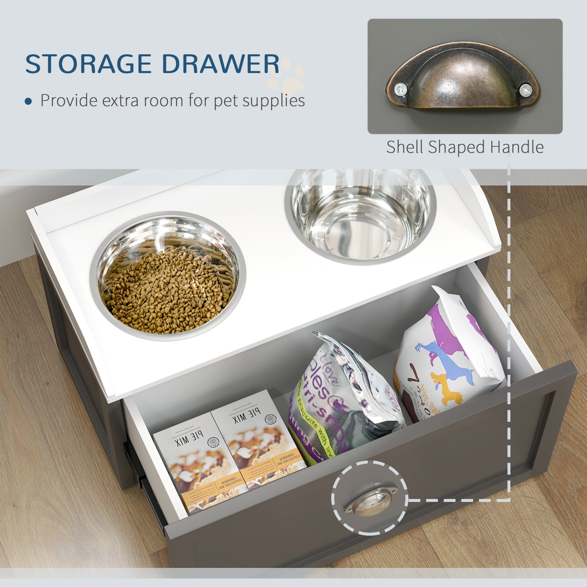 PawHut Dog Feeding Station w/ Storage Drawer, 2 Elevated Dog Bowls, Gray