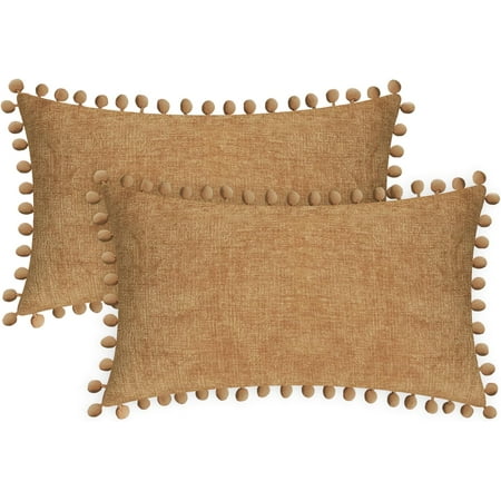 

CaliTime Throw Pillow Cases Pack of 2 Cozy Solid Dyed Soft Chenille Cushion Covers with Pom Poms for Couch Sofa Home Decoration 16x16es Apricot Brown