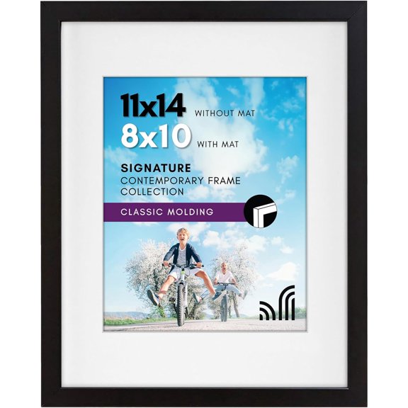 11x14 Picture Frame with Shatter-Resistant Glass - Use as 8x10 Frame with Mat or Display 11x14 Photo Without Mat - Signature Collection - Picture Frames for Wall Display - Black