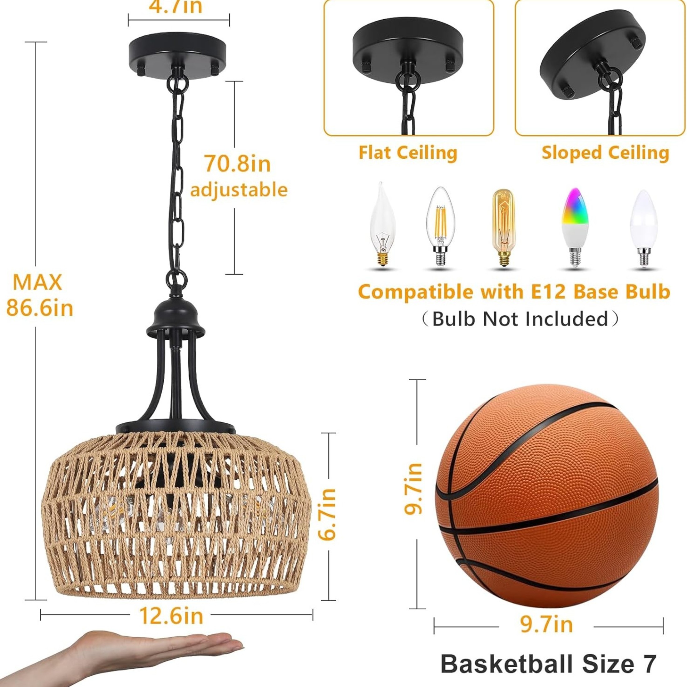 Noble House 12.6" Modern 3-Light Rattan Chandelier, Boho Farmhouse Pendant, E12 Dimmable, Adjustable Height, Black