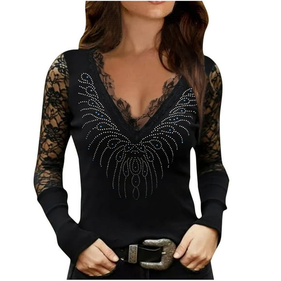 Women Sexy Rhinestone V-Neck Lace Splice Mesh Long Sleeve Pullover Top Blouse T-Shirt