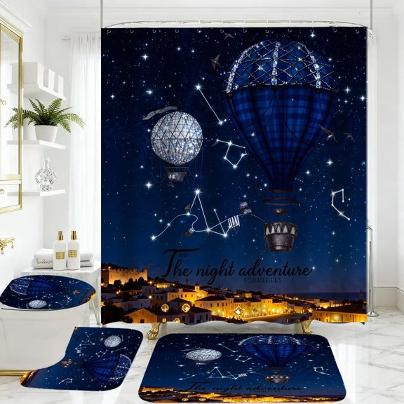 4 Piece Fantasy Red Mushroom Shower Curtain Set with Rugs, Enchanted Forest Rain & Lightning Art, Vibrant Blue Glow & Nature Bathroom Decor, Waterproof Fabric, Non-Slip Bath Mats & Toilet Lid Cover