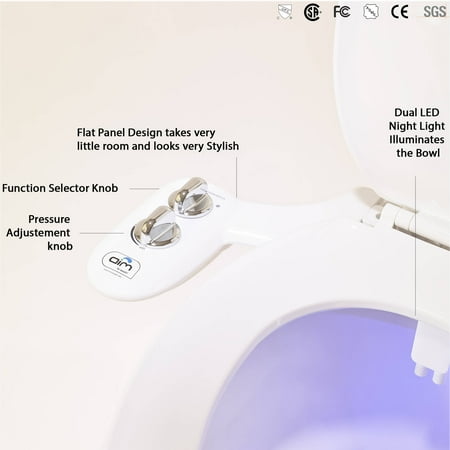 Bidex Replacement - Aim to Wash! Chrome Series Bidet Attachment, Toilet Night Light, Quick Release, Dual Nozzles, Self Cleaning
