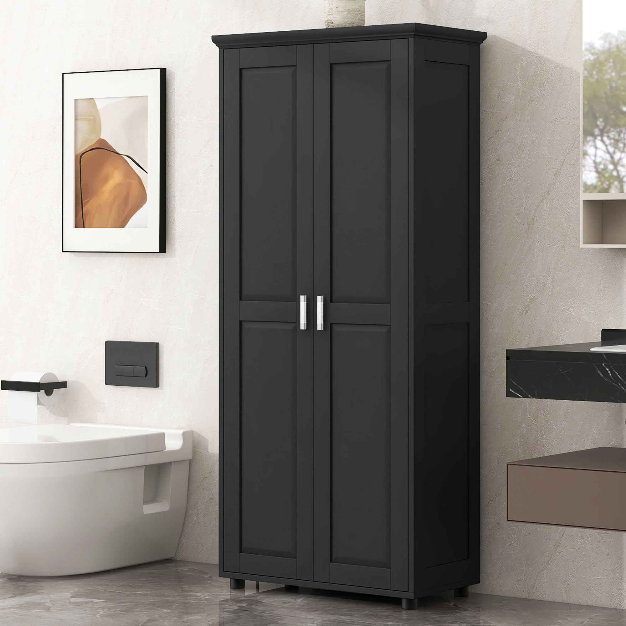 Euroco Storage Cabinet with Two Doors for Bathroom, Office, Adjustable Shelf, MDF Board, Black