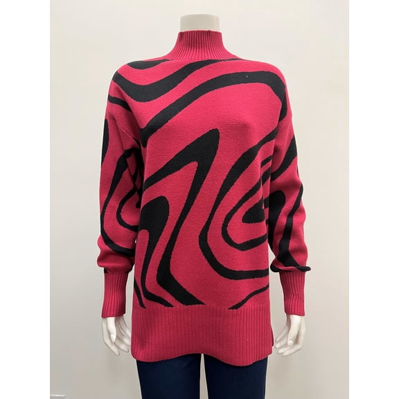 Ninety Women's pullover tunic long sleeve mock neck swirl jacquard Sweater with silts on sides