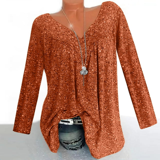 EQWLJWE Liquidation d'Économies d'Été! Femmes Grande Taille Couleur Unie Imprimé Col en V Manches Longues Tunique Froncée T-Shirt Hauts d'Automne en Liquidation Rouge XXXXXL