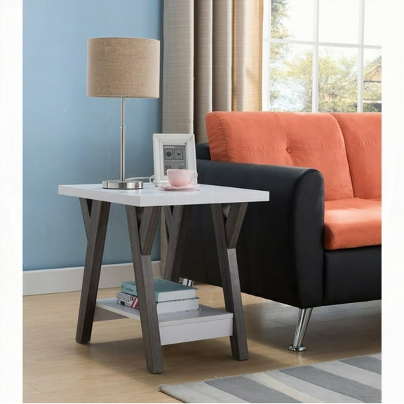 Modern White End Table for Living Room: Shelf Display & Bottom Storage