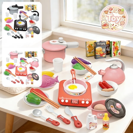 Kitchen Cookware Pretend Playset with Induction Cooktop Cuttable Fruits Vegetables Cooking Pretend Play Toys Role Play Kit Christmas Birthday Gifts Toys for Age 3+Toddler Baby Kids Boys Girls