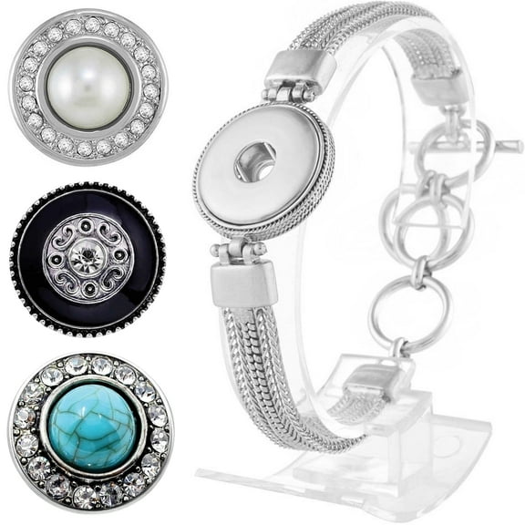 Snap Jewelry Set - 3 Snap Charms, 1 Silver 9 in. Bracelet Bundle, Fits 18MM 20MM Ginger Charm Buttons