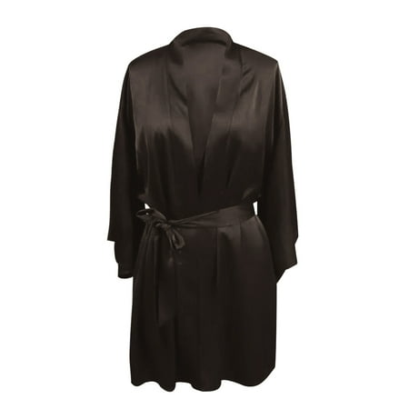 Bcresic Women s Sexy Lingerie Satin Robe Lace Chemise Long Sleeve Nightgowns Plain Sleepwear Comfy Loungewear Lapel Nightwear for Ladies Clearance Saving Black Large
