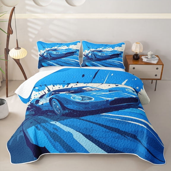 Castle Fairy Racing Style Blue Sports Car Twin Quilt Set for Boys,Dynamic Splash Art Twin Coverlet Set,Vibrant Blue