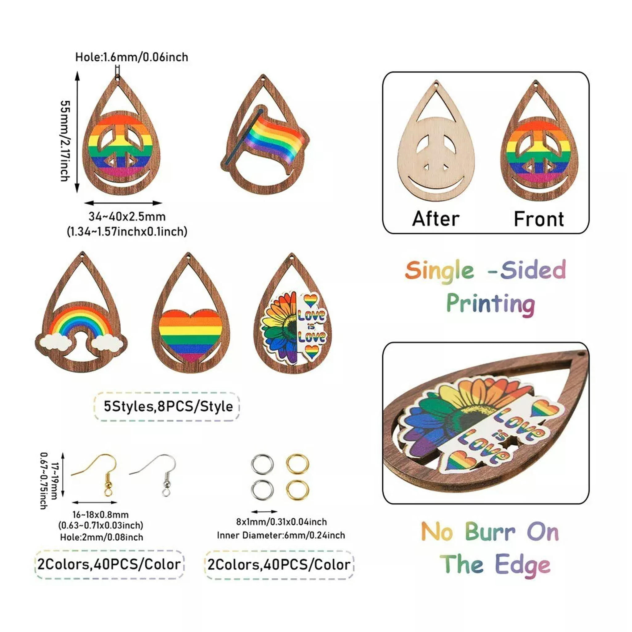 U8MO 200Pcs/box Teardrop Heart Peace Sign DIY Rainbow Color Pride Earring Making Kits