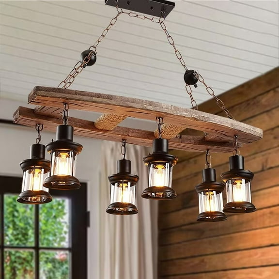 FINE MAKER 31 Inch Wooden Farmhouse Living Room Chandelier, 6 Light Vintage Cage Glass Shade Chandelier