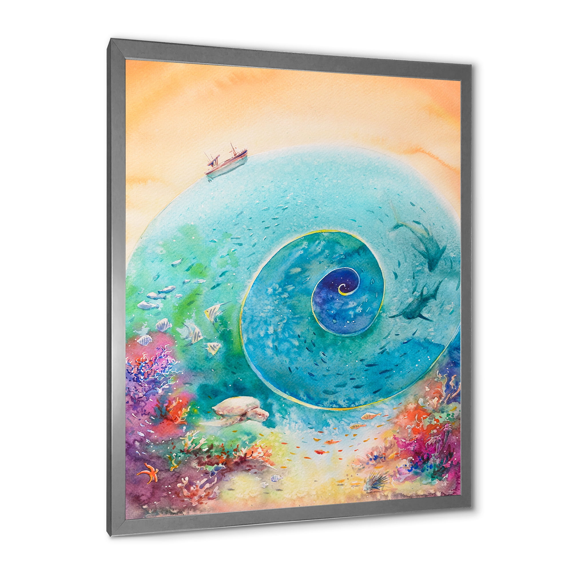 Designart 'Coral Reef Fishes With Turquoise Ocean Spiral' Nautical & Coastal Framed Art Print