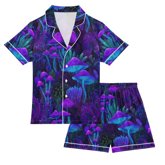FORMRS Kids Short Sleeve Top and Pants Pajama Set Unisex Satin 2-Piece Sleepwear, Sizes 5-6Y, Dark Mushrooms Pattern