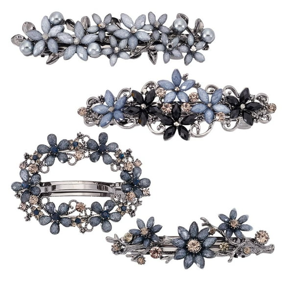 4 Pcs Fancy Barrettes for Women's Hair Gunmetal Vintage Rhinestone Hair Clips Sparkly Non Slip Luxurious Flower Metal French Barrettes Hair Clasps Accessories for Women