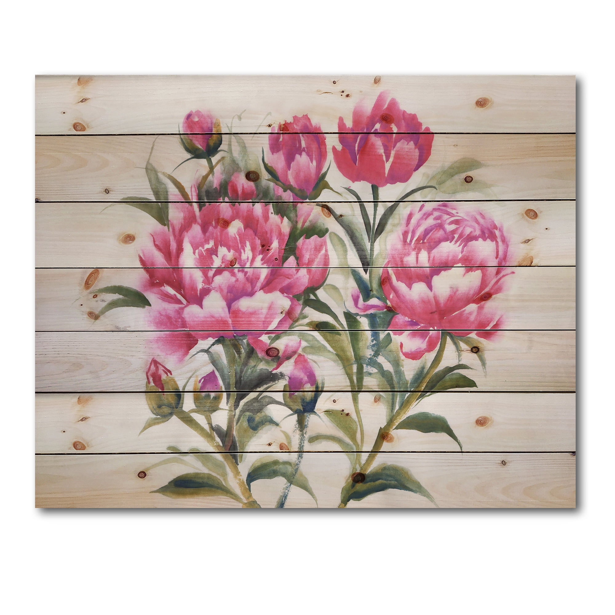 Designart 'Purple Peonies Flowers' Traditional Print on Natural Pine Wood