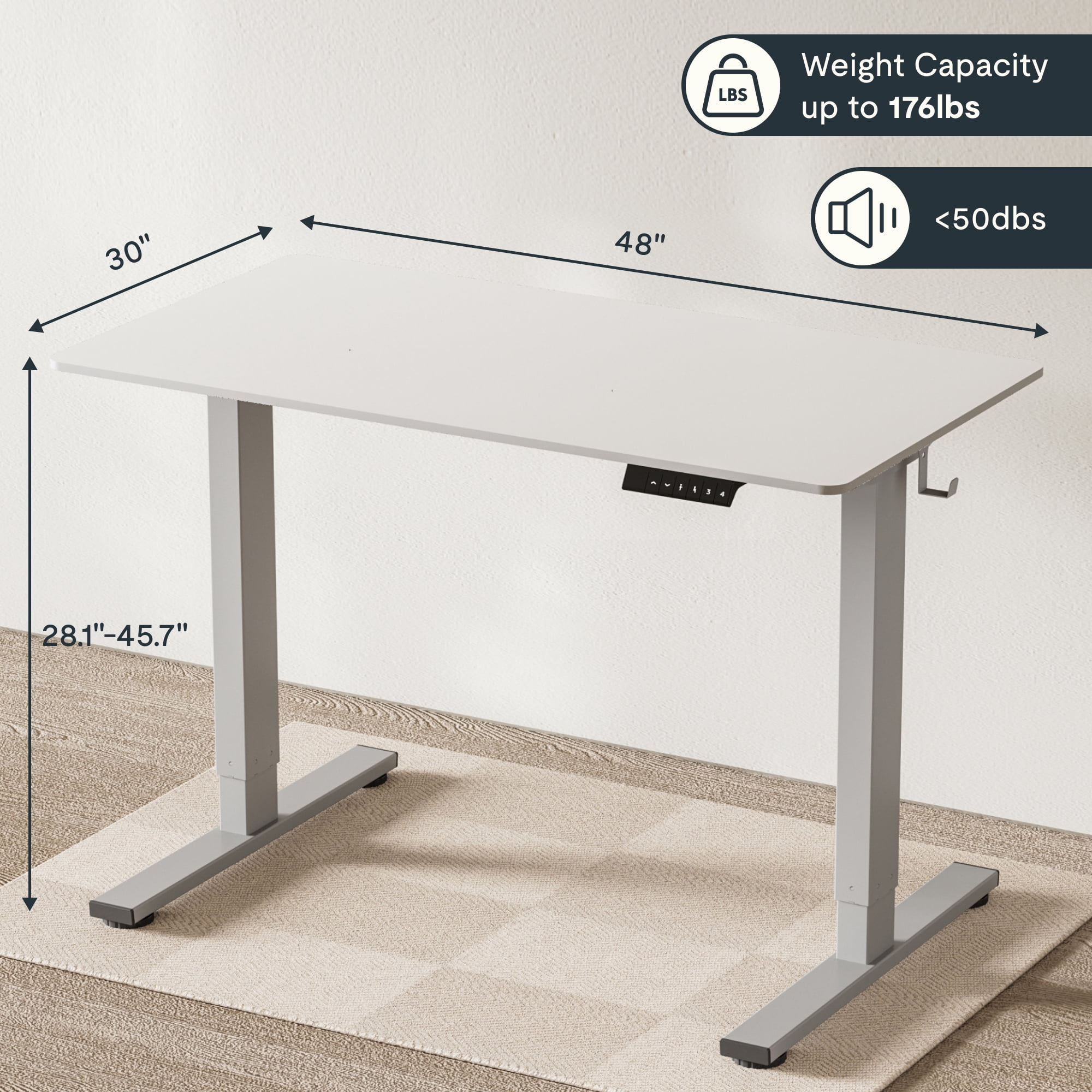 FLEXISPOT 48"x30" Home Office Height Adjustable Standing Desk with Hooks, Ergonomic Electric 2-Stage Stand Up Computer Desk, Gray and White