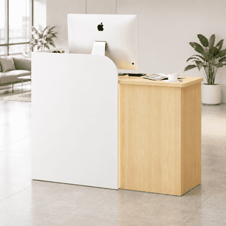 47" Two-Tone Reception Desk with LED Light & Drawer, Medium Front Desk Checkout Counter for Salon, Clinic, Retail & Office, White & Natural Oak