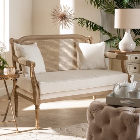 Skyline Decor Ivory Fabric Upholstered Whitewashed Wood Loveseat