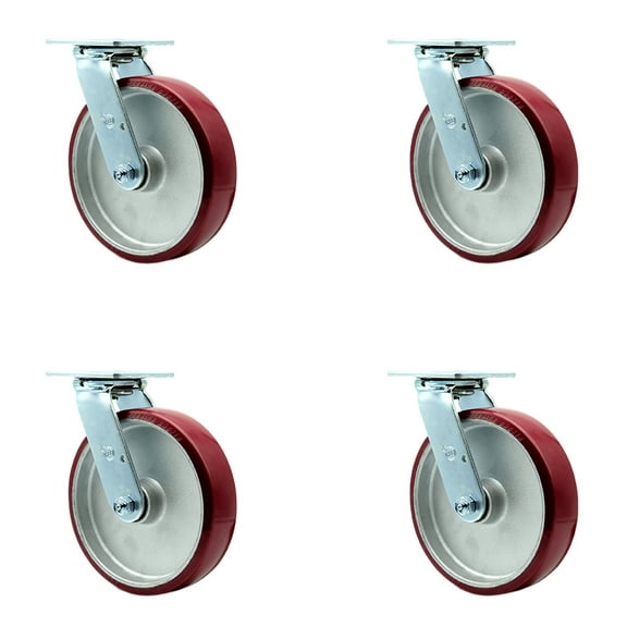 8 Inch Poly on Aluminum Wheel Swivel Caster Set with Ball Bearings SCC