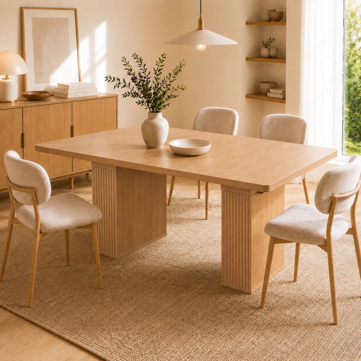MAYEERTY Extendable Rectangular Dining Table for 6-10, Modern Expandable Kitchen Table with Built-in Storage Cabinet & Hidden Extension Leaf, for Dining Room, Apartment, Kitchen