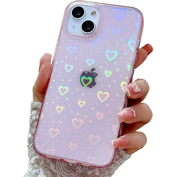 Compatible with iPhone 13 Mini Case, for Laser Glitter Bling Heart Soft & Flexible TPU and Hard PC Back Shockproof Cover Women Girls Heart Pattern Phone Case (Rainbow Heart/Clear)