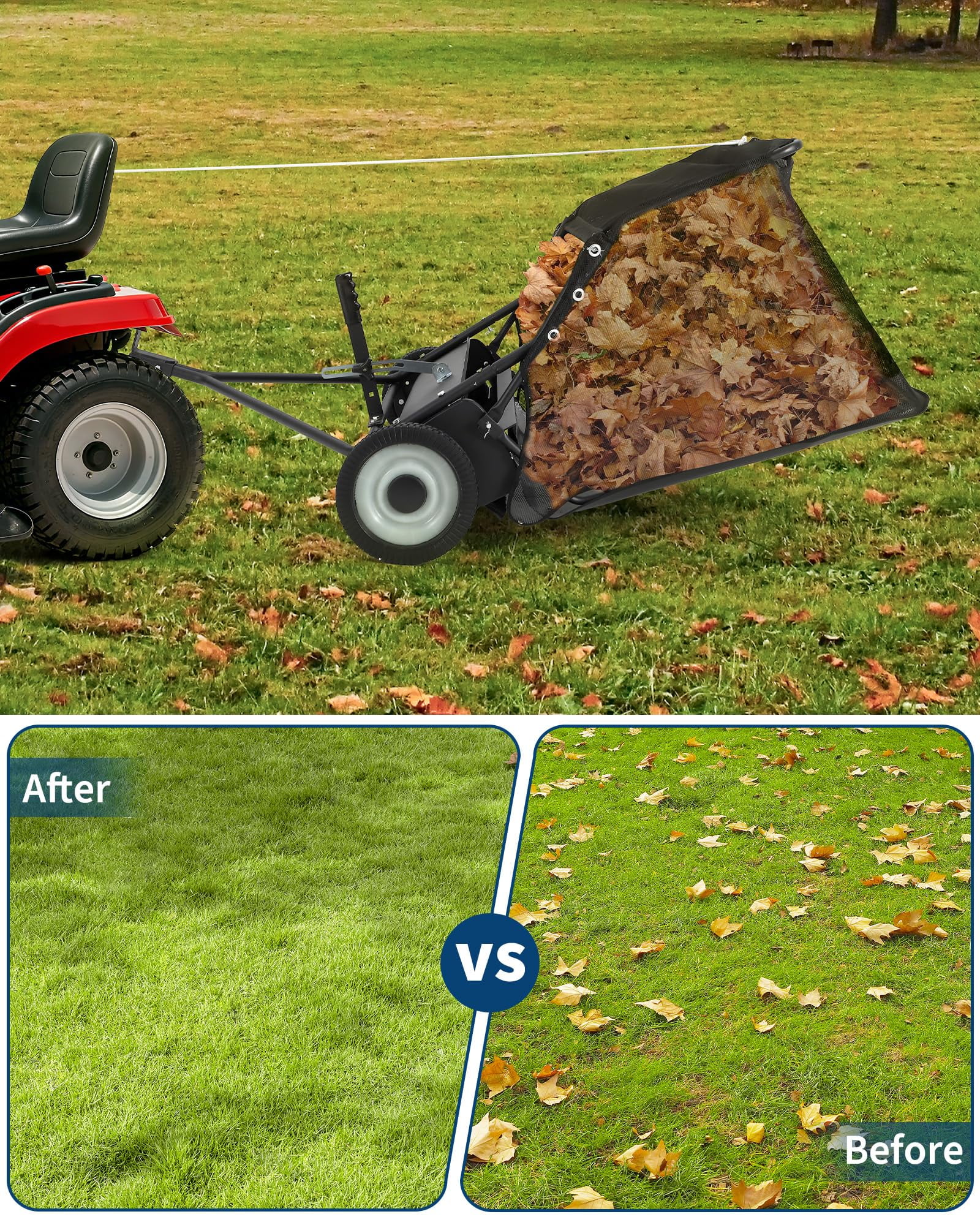 Lawn Sweeper, Tow Behind 48" Heavy Duty Yard Sweeper Pull Behind Tractor, 25 Cu.Ft Large Hopper & Adjustable Sweeping Height, Universal Leaf Grass Collector for ATV UTV - Black