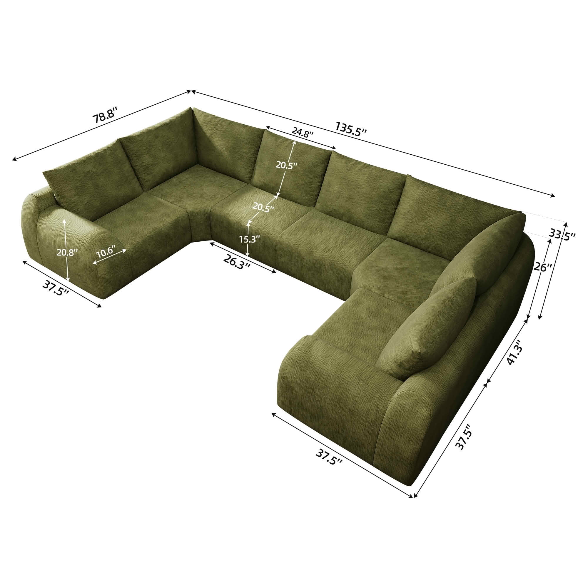 MAYEERTY 135.5 Inch 6-Seat U Shape Cloud Modular Sectional Sofa, Vacuum Compressed Chenille Fabric Couch, No Assembly Needed for Living Room