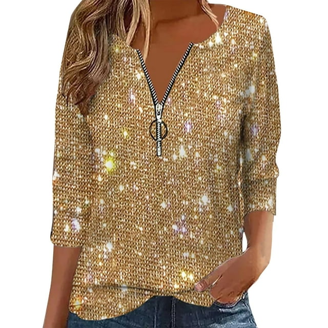 Breezora Blouse à Col Rond Scintillante pour Femmes Manches Longues Coupe Ample Décontractée avec Détail Pailleté Taille TTG Or