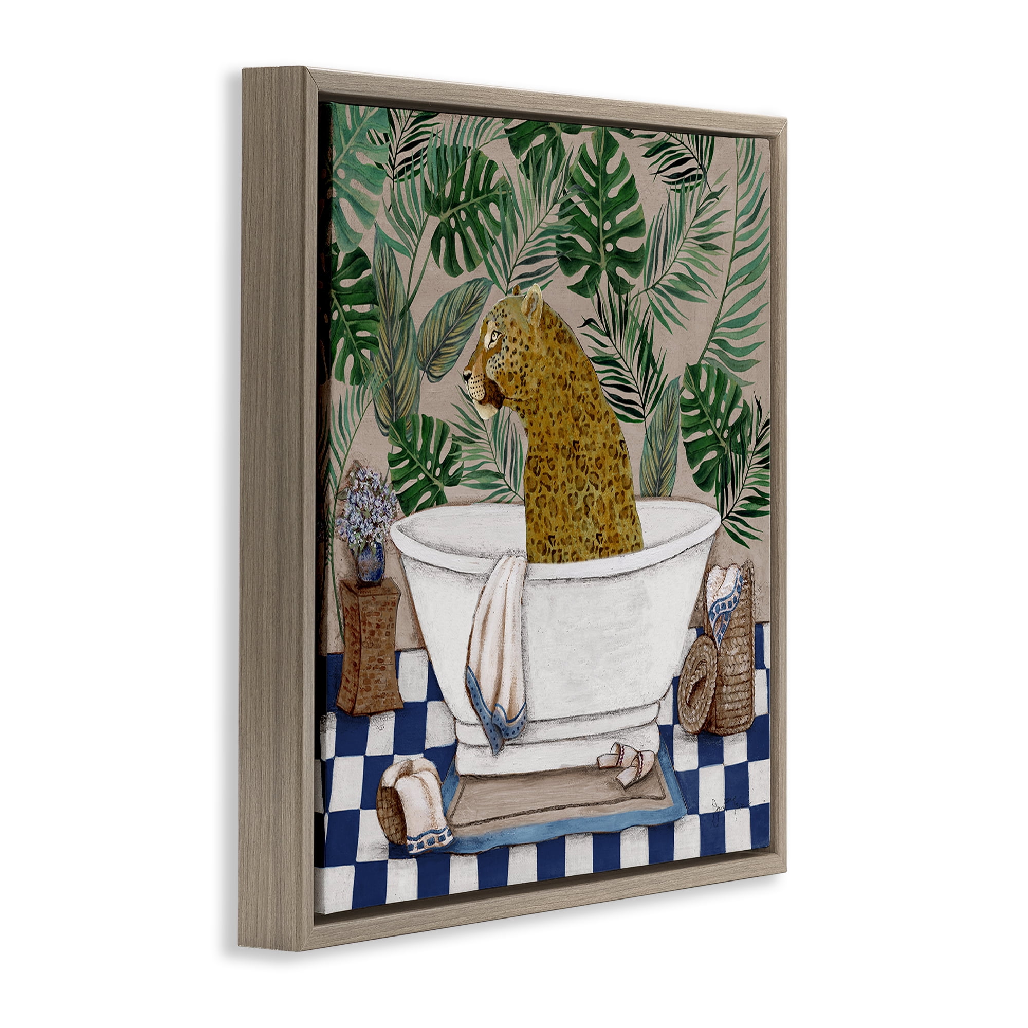 Stupell Industries Leopard in Tropical Bathtub Brown Framed Floater Canvas Wall Art, design by Janet Tava