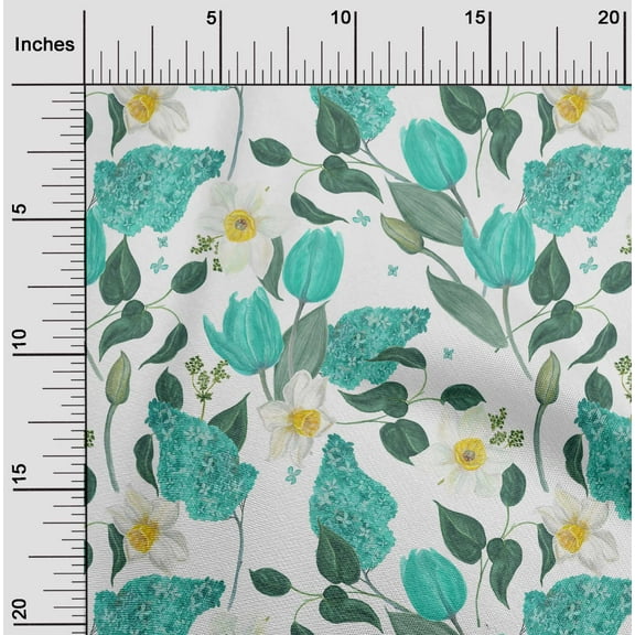 oneOone Cotton Poplin Twill Turquoise Green Fabric Leaves & Tulip Floral Quilting Supplies Print Sewing Fabric By The Yard 56 Inch Wide