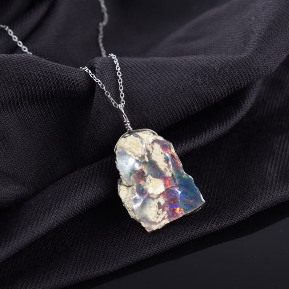 QNAVIC Ultra Fire Raw Ethiopian Black Opal Gemstone Necklace, Handmade Dainty Jewelry, Pendant Necklace, Gift for Women, Healing Crystals, Birthstone, 925 Sterling Silver, Halloween Jewelry