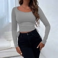 thumbnail image 2 of XFLWAM Women Drawstring Side Ruched Crop Top Tee Shirt Ribbed Knit Crew Neck Basic Long Sleeve T Shirt Blouse Gray XL, 2 of 4