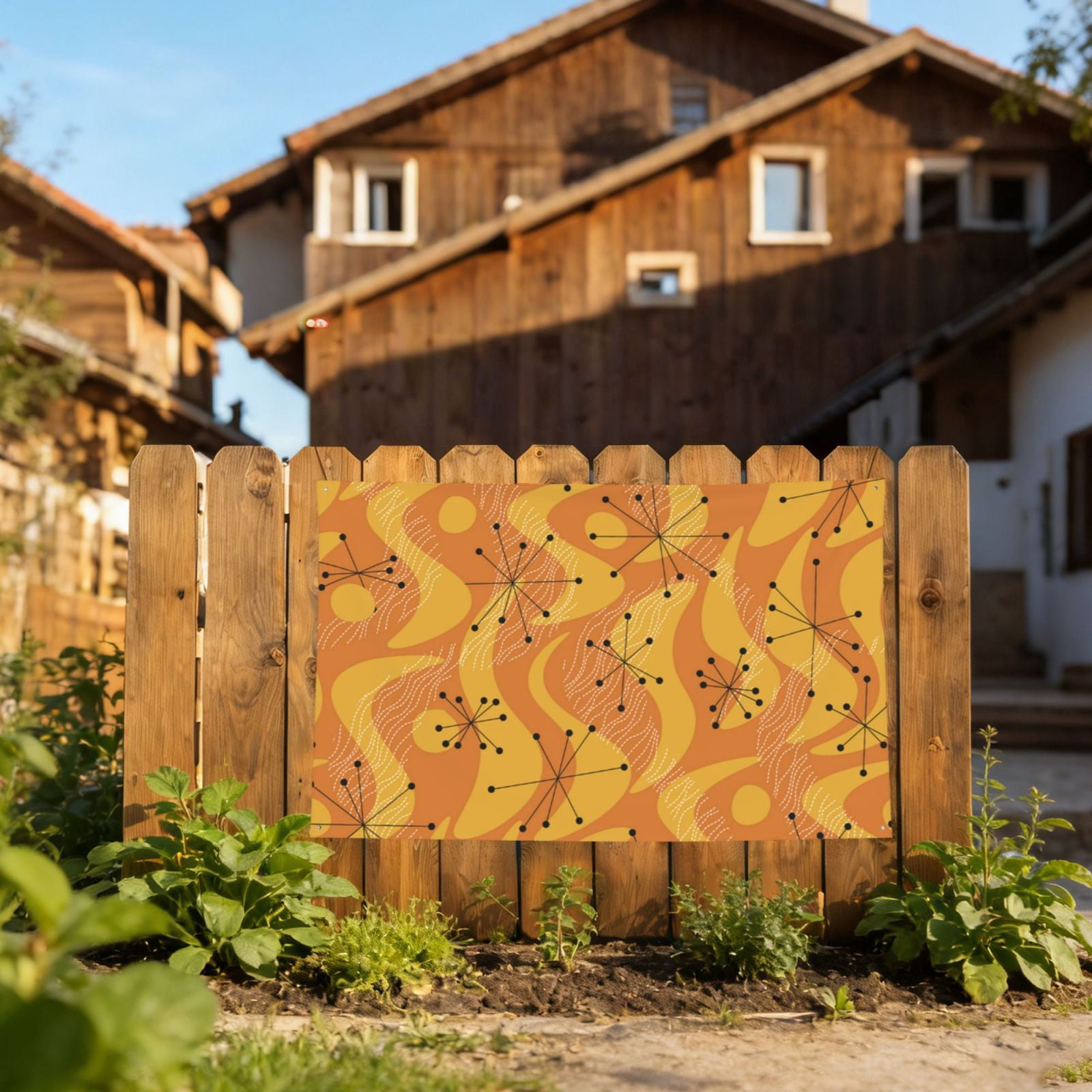 Orange Geometric Atomic Modern Midcentury Four Hole Decorated Banner Flag for Garden Yard Home Decoration Indoor Outdoor 4x6 Ft