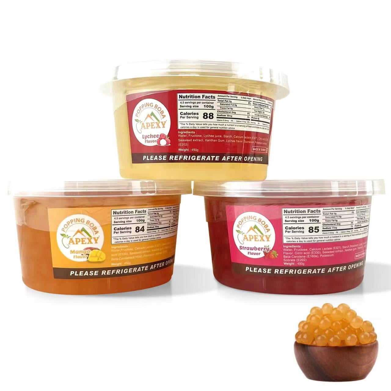 Apexy Bursting Popping Boba Pearls 450g. Yummy Fruity Flavors Great For Drink & Dessert Topping , Ideal Party Kit Variety Pack of 3 (Strawberry, Mango, Lychee)