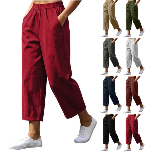 Cotton Linen Capri Pants for Women Elastic Waisted Straight Leg Pull On Capris with Pockets