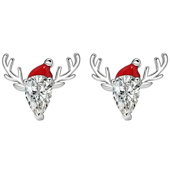 Christmas Reindeer Earrings Womens White Gold Plated Santa Hat Deer Pear CZ Ginger Lyne Collection