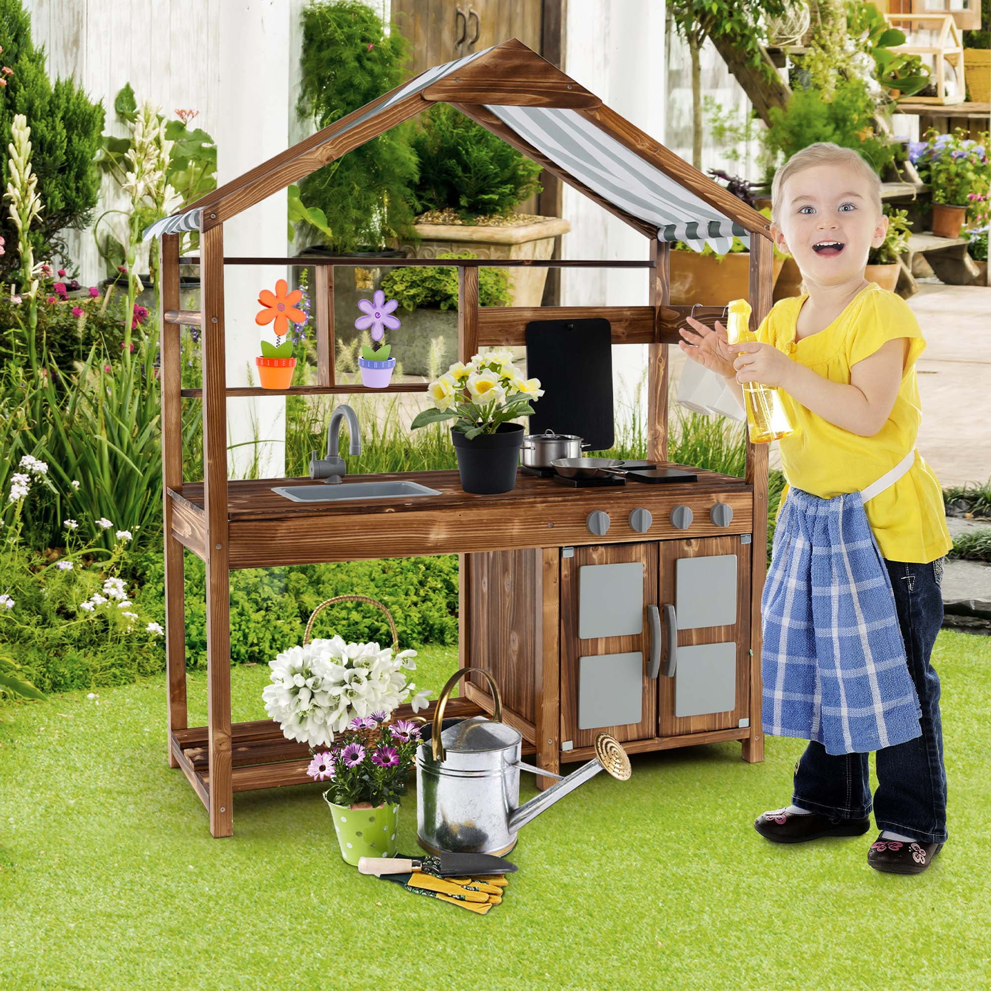 Cuisine Enfant Bois 2 En 1 BBQ & Tableau Noir – COSTWAY Avec 25 Accessoires